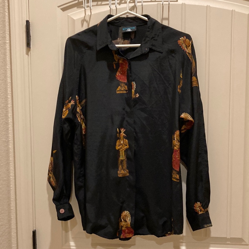 Rocky Mountain Women’s Button Up Blouse Western Cowgirl Indian Statue Design
